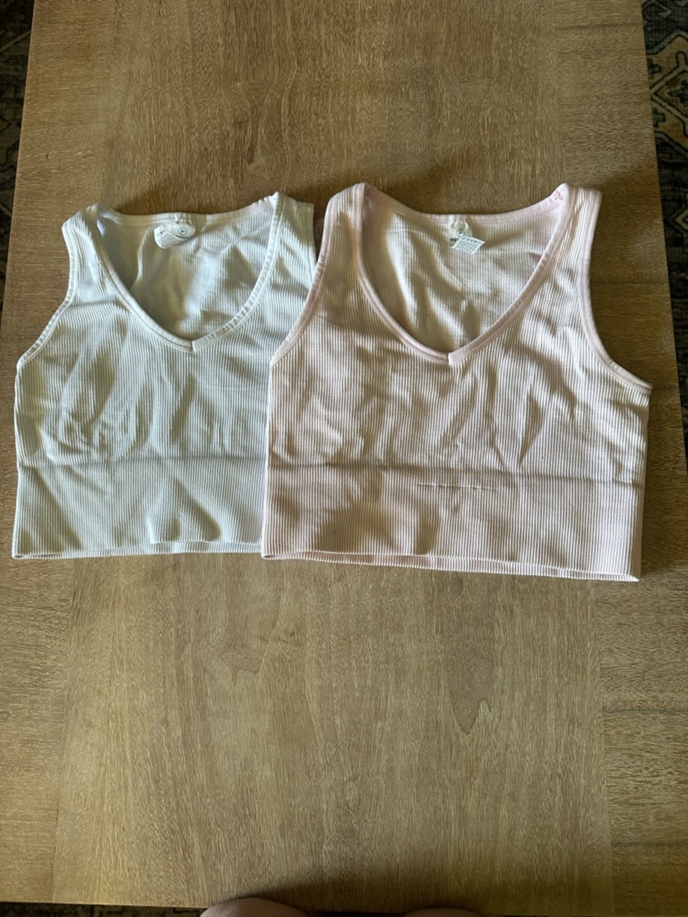 90 Degree By Reflex White & Light Pink Ribbed V-Neck Crop Tank Tops